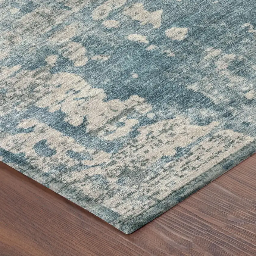 Teal Blue And Pewter Abstract Washable Indoor Outdoor Area Rug Photo 5