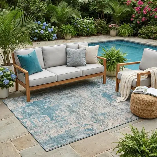 Teal Blue And Pewter Abstract Washable Indoor Outdoor Area Rug Photo 1