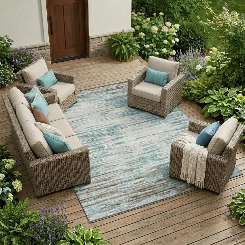 Teal Blue And Pewter Abstract Washable Indoor Outdoor Area Rug Photo 1