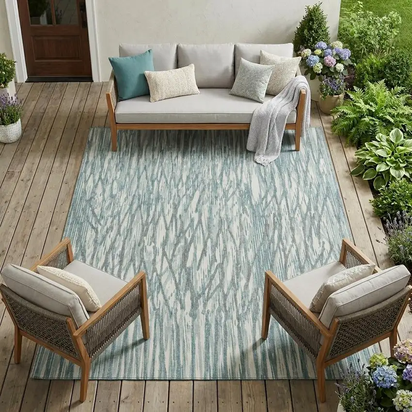 Teal Blue And Pewter Abstract Washable Indoor Outdoor Area Rug Photo 1