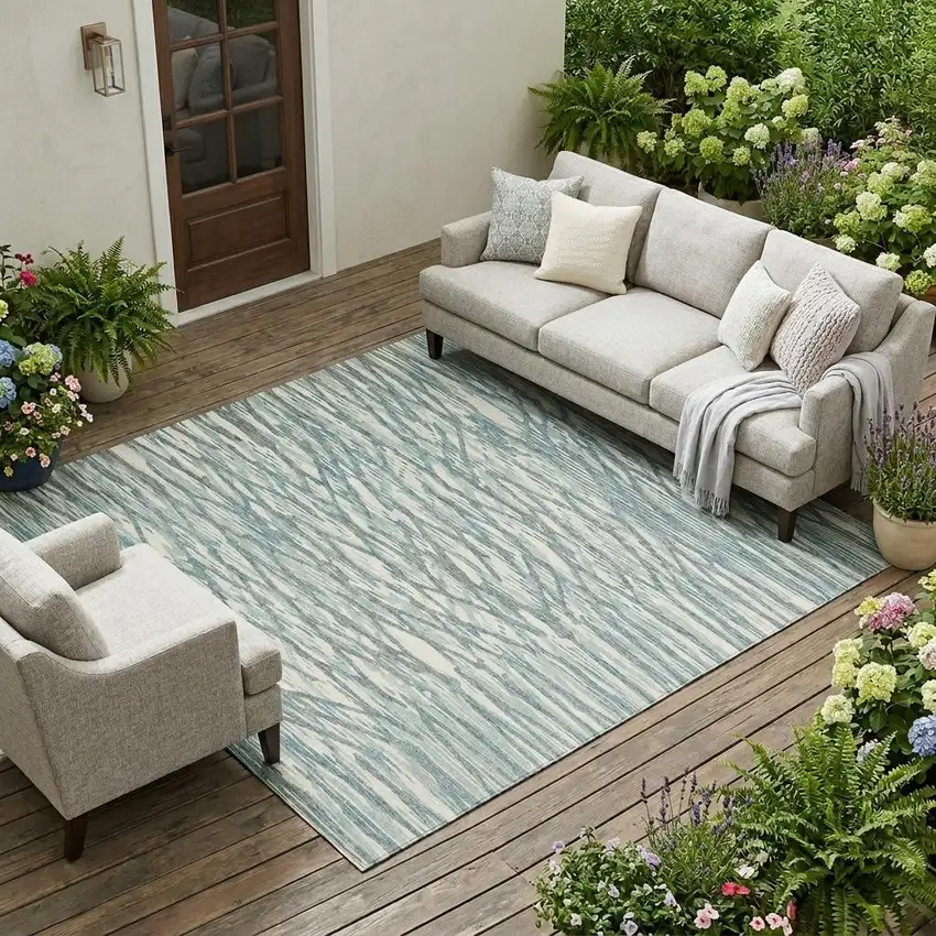 Teal Blue And Pewter Abstract Washable Indoor Outdoor Area Rug Photo 1