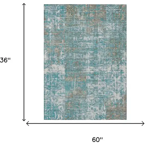 Teal Blue And Pewter Abstract Washable Indoor Outdoor Area Rug Photo 5