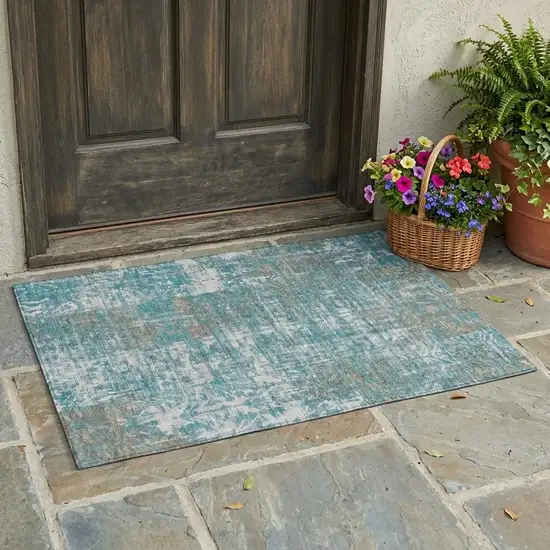 Teal Blue And Pewter Abstract Washable Indoor Outdoor Area Rug Photo 1