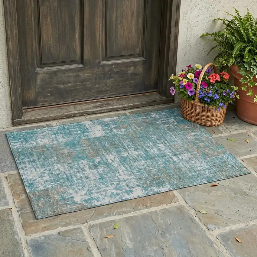 Teal Blue And Pewter Abstract Washable Indoor Outdoor Area Rug Photo 1