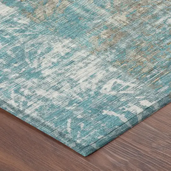 Teal Blue And Pewter Abstract Washable Indoor Outdoor Area Rug Photo 3