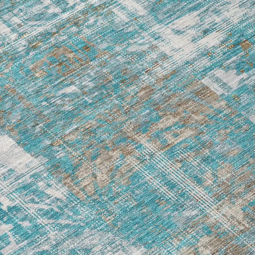 Teal Blue And Pewter Abstract Washable Indoor Outdoor Area Rug Photo 4