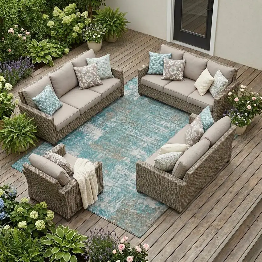 Teal Blue And Pewter Abstract Washable Indoor Outdoor Area Rug Photo 1