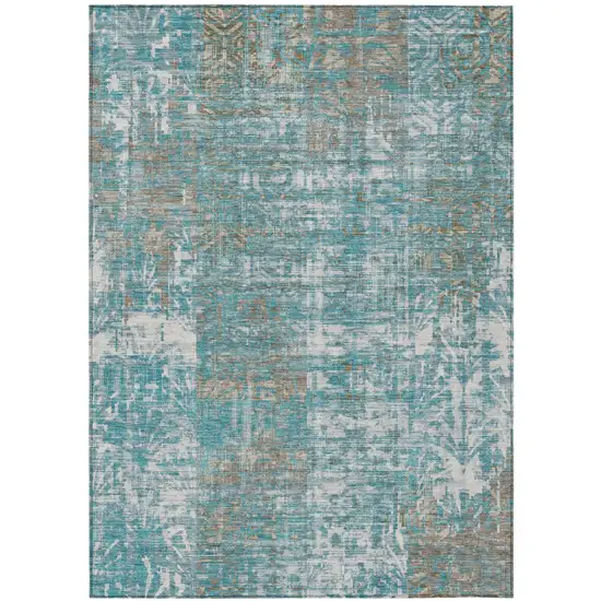 Teal Blue And Pewter Abstract Washable Indoor Outdoor Area Rug Photo 2