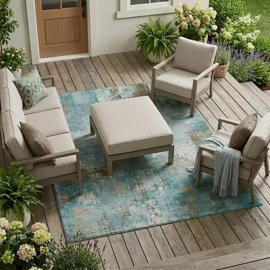 Teal Blue And Pewter Abstract Washable Indoor Outdoor Area Rug Photo 1