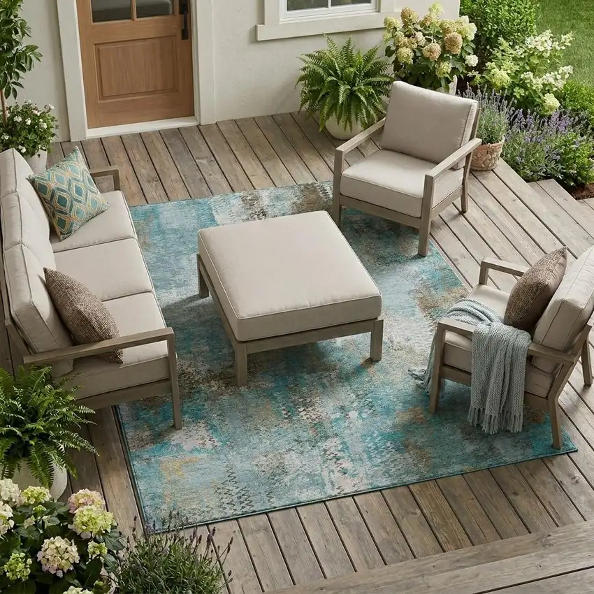 Teal Blue And Pewter Abstract Washable Indoor Outdoor Area Rug Photo 1