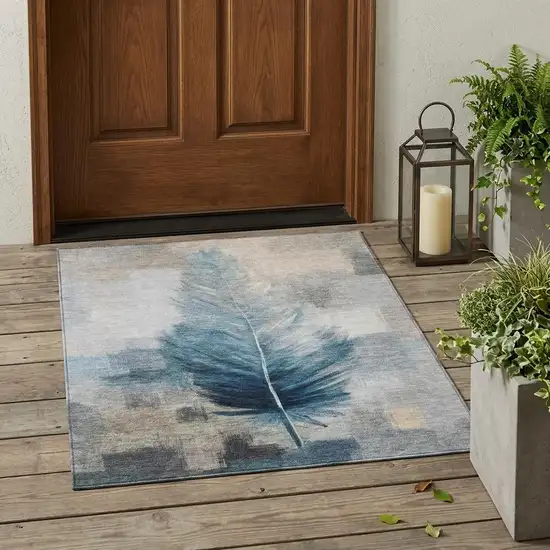 Teal Blue And Pewter Botanical Leaves Washable Indoor Outdoor Area Rug Photo 1
