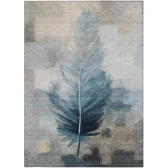 Teal Blue And Pewter Botanical Leaves Washable Indoor Outdoor Area Rug Photo 4