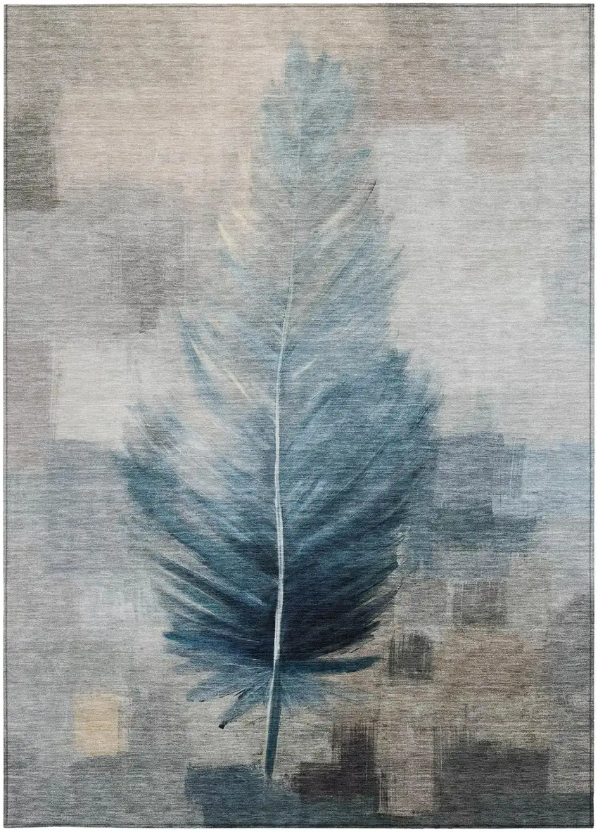 Teal Blue And Pewter Botanical Leaves Washable Indoor Outdoor Area Rug Photo 4