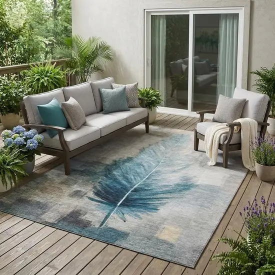 Teal Blue And Pewter Botanical Leaves Washable Indoor Outdoor Area Rug Photo 1