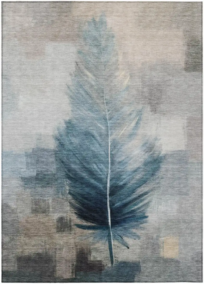 Teal Blue And Pewter Botanical Leaves Washable Indoor Outdoor Area Rug Photo 2