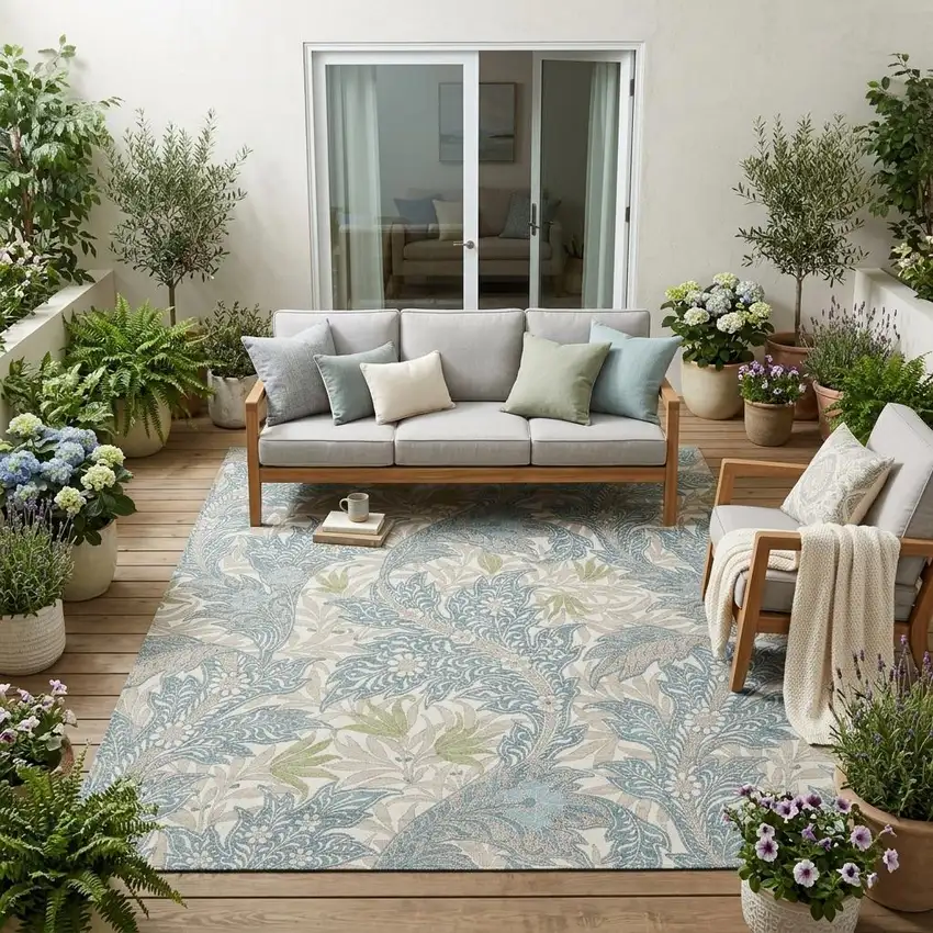 Teal Blue And Pewter Botanical Leaves Washable Indoor Outdoor Area Rug Photo 1