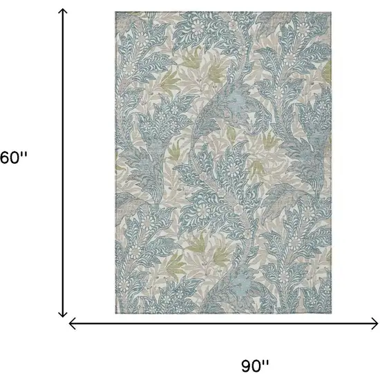 Teal Blue And Pewter Botanical Leaves Washable Indoor Outdoor Area Rug Photo 5