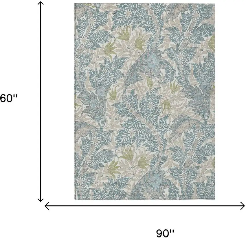 Teal Blue And Pewter Botanical Leaves Washable Indoor Outdoor Area Rug Photo 5
