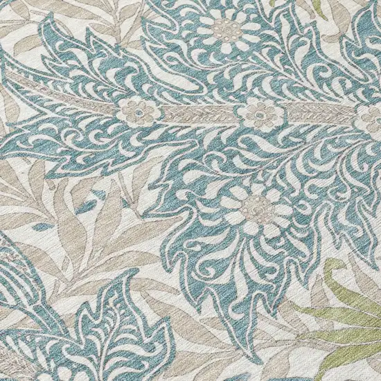 Teal Blue And Pewter Botanical Leaves Washable Indoor Outdoor Area Rug Photo 4