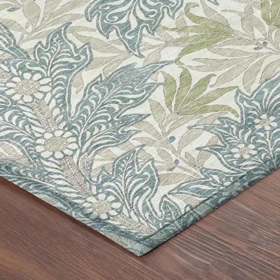 Teal Blue And Pewter Botanical Leaves Washable Indoor Outdoor Area Rug Photo 3