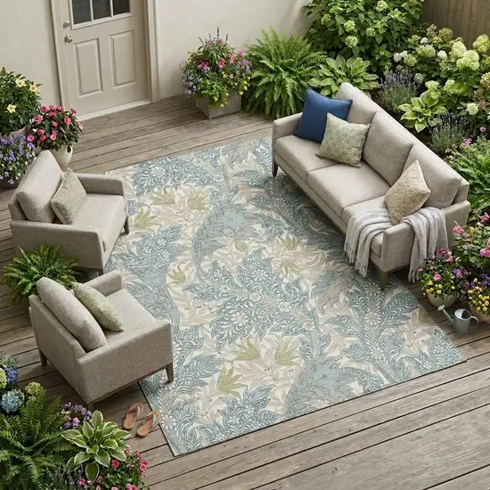 Teal Blue And Pewter Botanical Leaves Washable Indoor Outdoor Area Rug Photo 1