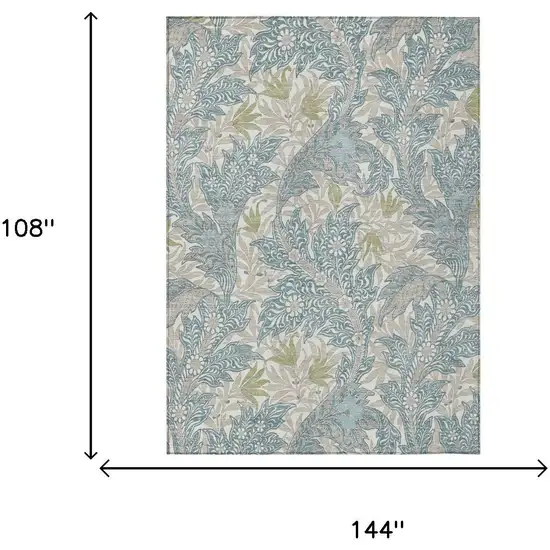Teal Blue And Pewter Botanical Leaves Washable Indoor Outdoor Area Rug Photo 5