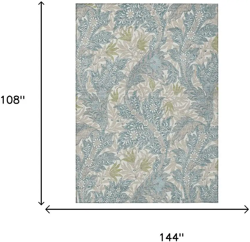 Teal Blue And Pewter Botanical Leaves Washable Indoor Outdoor Area Rug Photo 5