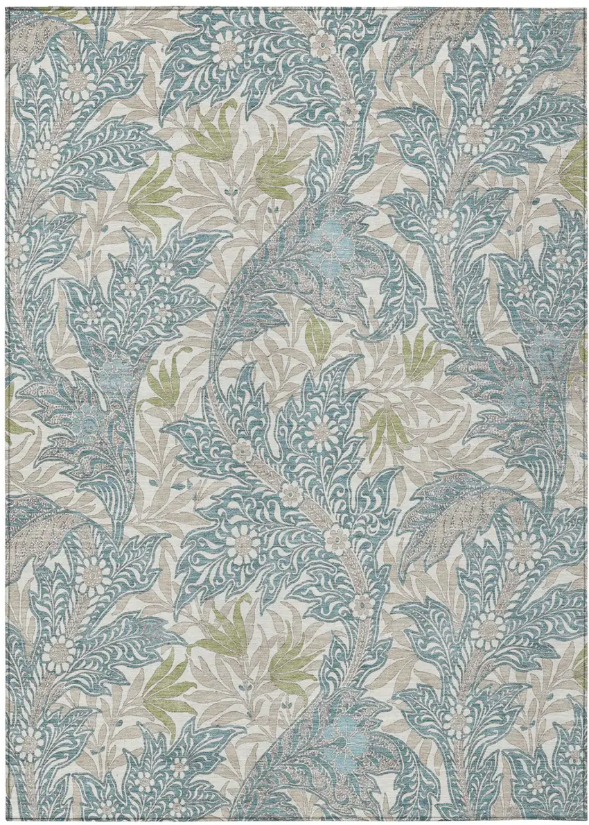 Teal Blue And Pewter Botanical Leaves Washable Indoor Outdoor Area Rug Photo 2