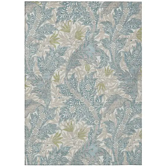 Teal Blue And Pewter Botanical Leaves Washable Indoor Outdoor Area Rug Photo 2