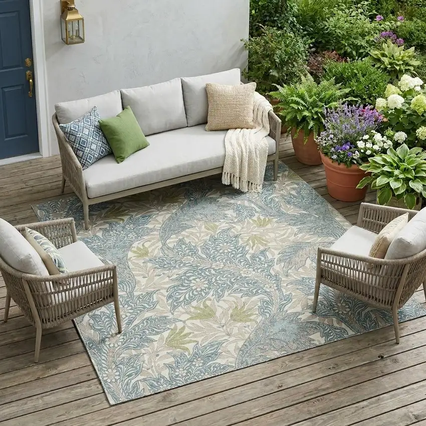 Teal Blue And Pewter Botanical Leaves Washable Indoor Outdoor Area Rug Photo 1