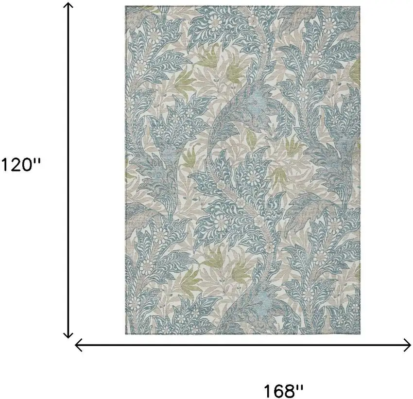 Teal Blue And Pewter Botanical Leaves Washable Indoor Outdoor Area Rug Photo 5