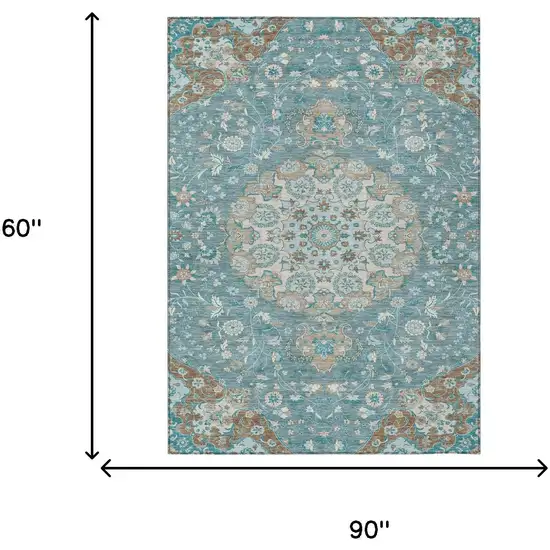 Teal Blue And Pewter Damask Washable Indoor Outdoor Area Rug Photo 6