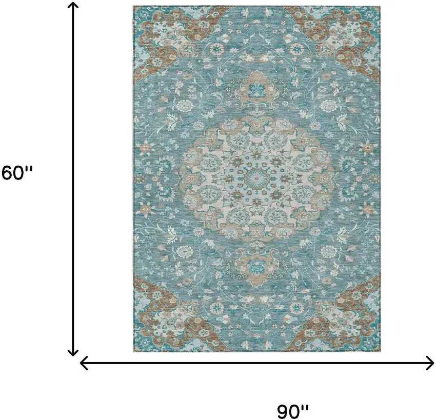 Teal Blue And Pewter Damask Washable Indoor Outdoor Area Rug Photo 6
