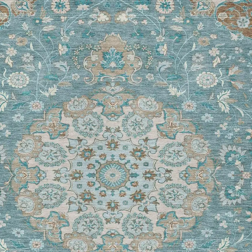 Teal Blue And Pewter Damask Washable Indoor Outdoor Area Rug Photo 2