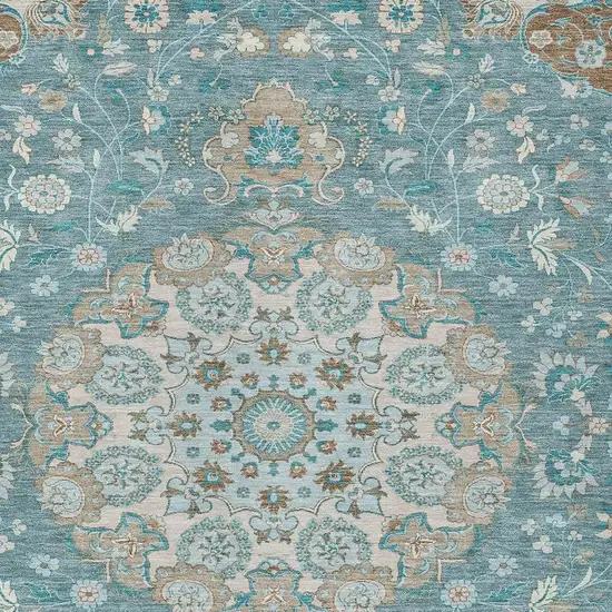 Teal Blue And Pewter Damask Washable Indoor Outdoor Area Rug Photo 2