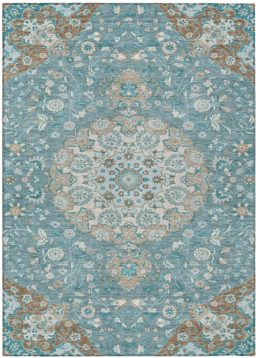 Teal Blue And Pewter Damask Washable Indoor Outdoor Area Rug Photo 1