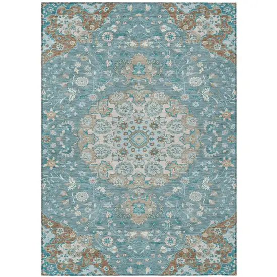 Teal Blue And Pewter Damask Washable Indoor Outdoor Area Rug Photo 1