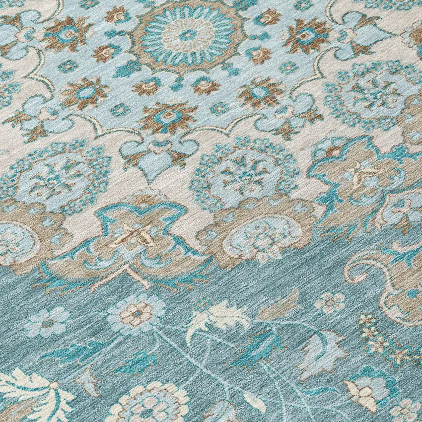 Teal Blue And Pewter Damask Washable Indoor Outdoor Area Rug Photo 5