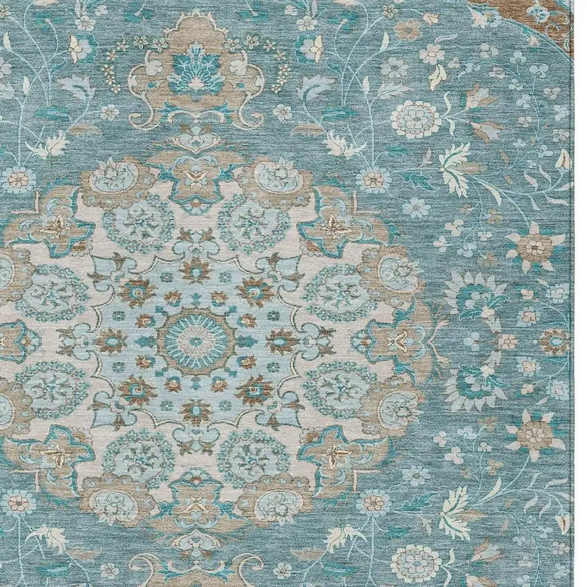 Teal Blue And Pewter Damask Washable Indoor Outdoor Area Rug Photo 2