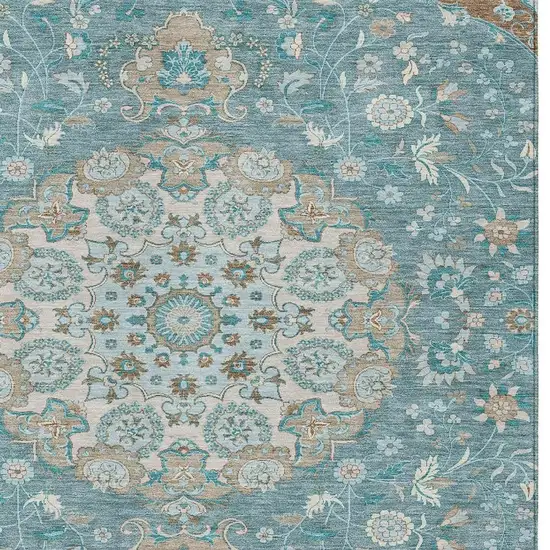 Teal Blue And Pewter Damask Washable Indoor Outdoor Area Rug Photo 2