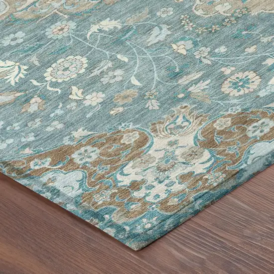 Teal Blue And Pewter Damask Washable Indoor Outdoor Area Rug Photo 4
