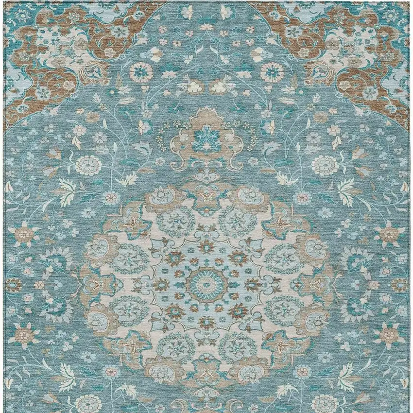 Teal Blue And Pewter Damask Washable Indoor Outdoor Area Rug Photo 3