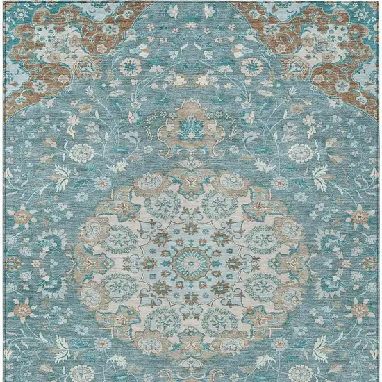 Teal Blue And Pewter Damask Washable Indoor Outdoor Area Rug Photo 3