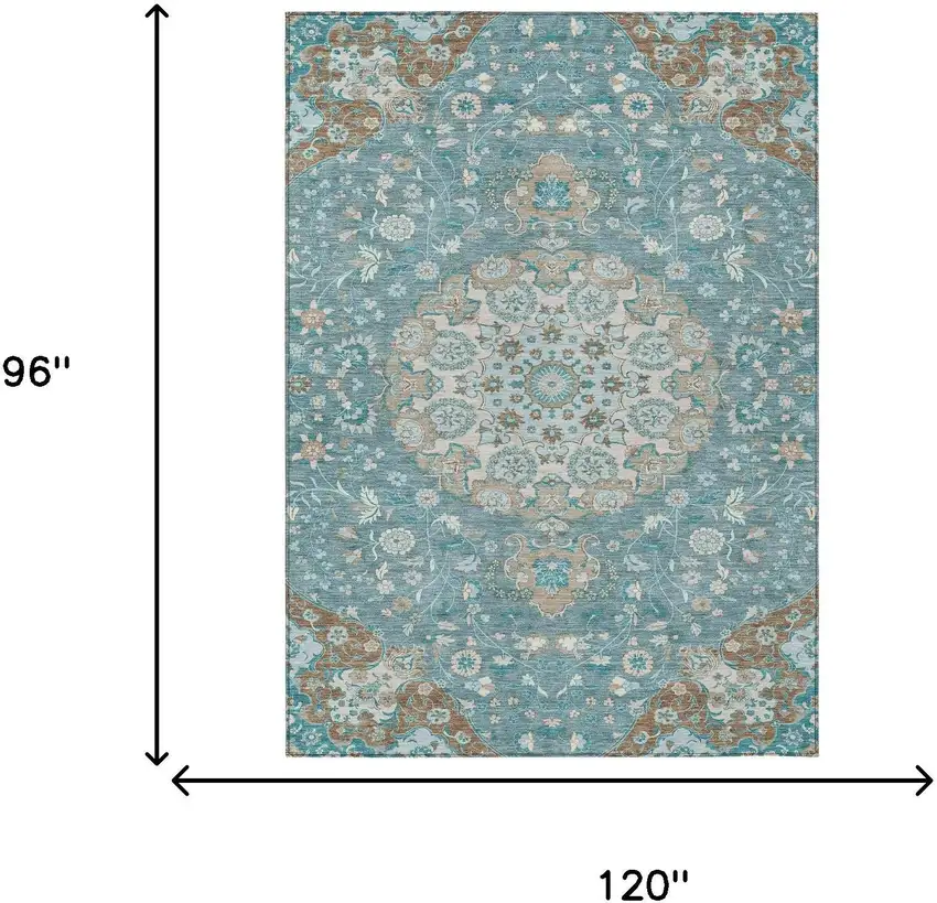 Teal Blue And Pewter Damask Washable Indoor Outdoor Area Rug Photo 6