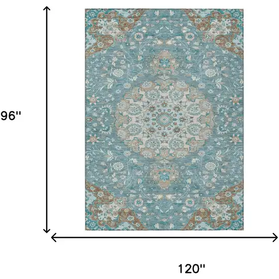 Teal Blue And Pewter Damask Washable Indoor Outdoor Area Rug Photo 6