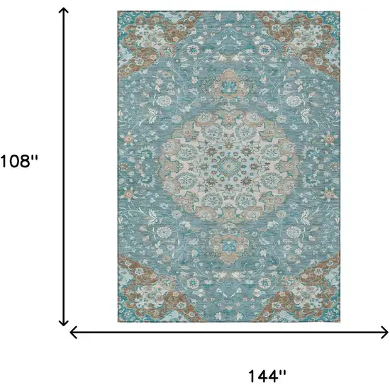 Teal Blue And Pewter Damask Washable Indoor Outdoor Area Rug Photo 6