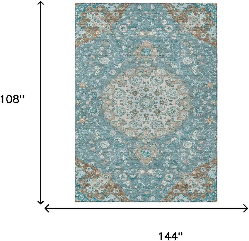 Teal Blue And Pewter Damask Washable Indoor Outdoor Area Rug Photo 6