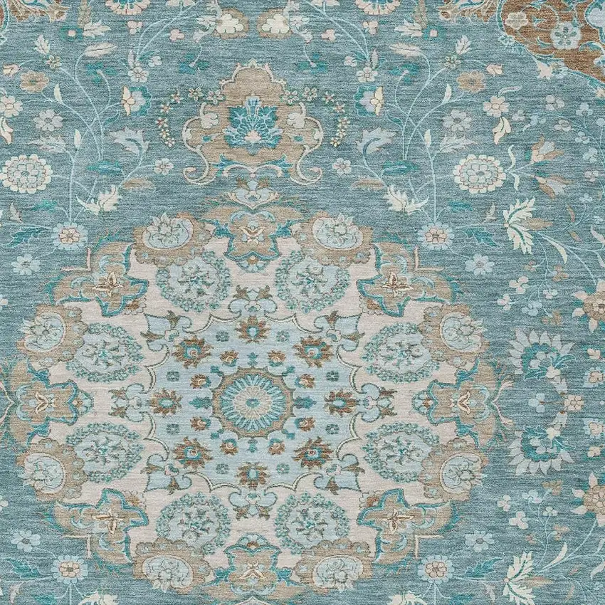 Teal Blue And Pewter Damask Washable Indoor Outdoor Area Rug Photo 2