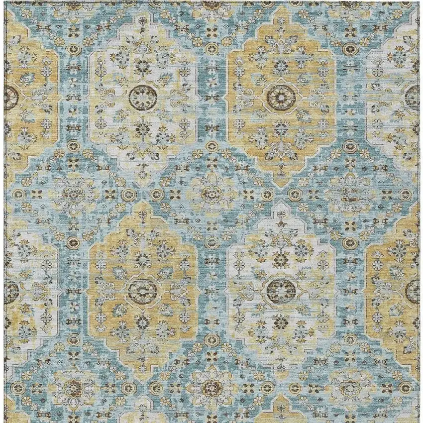 Teal Blue And Pewter Damask Washable Indoor Outdoor Area Rug Photo 3