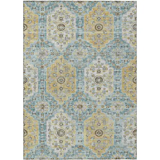 Teal Blue And Pewter Damask Washable Indoor Outdoor Area Rug Photo 1